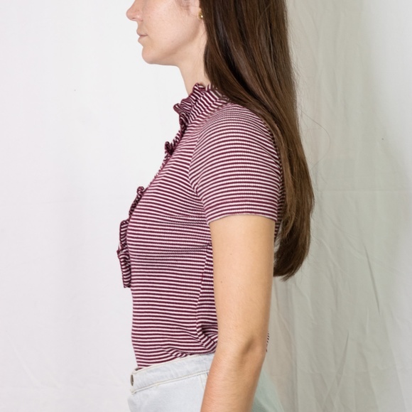 Tory Burch red white stripe ruffle Lidia polo top - Picture 2 of 8